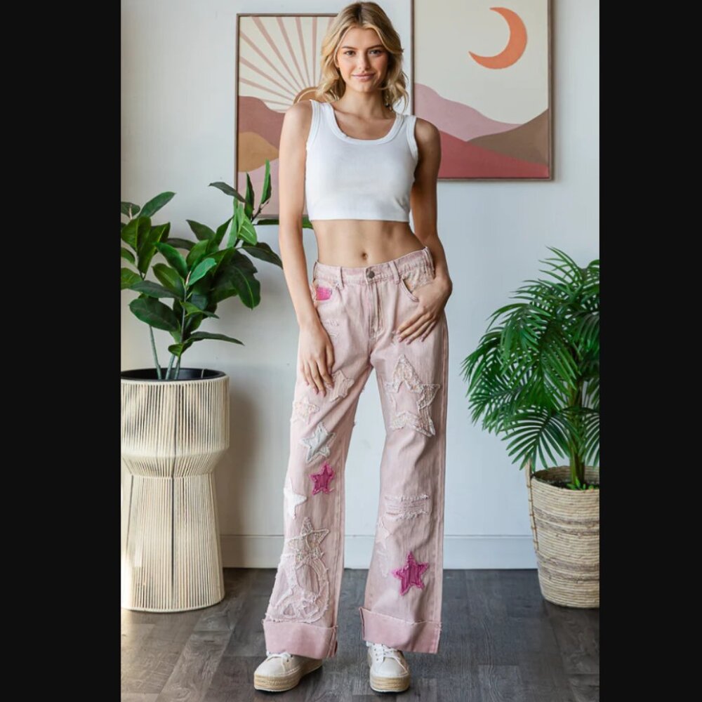 Oli & Hali Light Pink Wide Leg Jeans with Star Patches - Picture 3 of 6